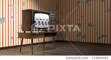 Retro television set, wallpaper on cracked wall - 3D illustration Retro television set, wallpaper on cracked wall - 3D illustration 134604462