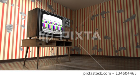 Retro television set, wallpaper on cracked wall - 3D illustration 134604463