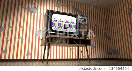 Retro television set, wallpaper on cracked wall - 3D illustration Retro television set, wallpaper on cracked wall - 3D illustration 134604464