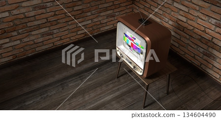 Retro television set, brick walls - 3D illustration Retro television set, brick walls - 3D illustration 134604490