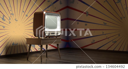 Retro television set, wallpaper on cracked wall - 3D illustration 134604492