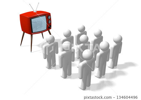 Cartoon characters and TV set isolated on white background - 3D illustration 134604496