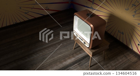 Retro television set, wallpaper on cracked wall - 3D illustration Retro television set, wallpaper on cracked wall - 3D illustration 134604516