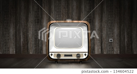 Retro television set, wooden wall and floor - 3D illustration 134604522