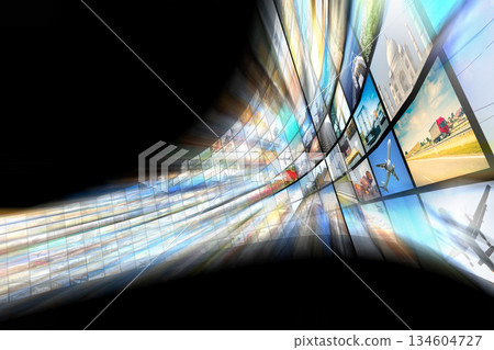 Wall of screens - streaming media, cable, Internet concept - 3D illustration Wall of screens - streaming media, cable, Internet concept - 3D illustration 134604727