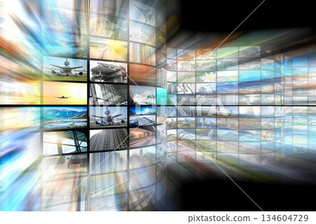 Wall of screens - streaming media, cable, Internet concept - 3D illustration 134604729