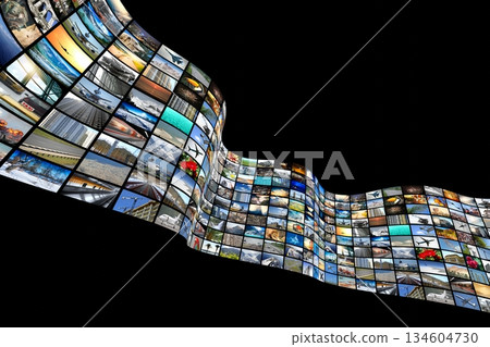 Wall of screens - streaming media, cable, Internet concept - 3D illustration Wall of screens - streaming media, cable, Internet concept - 3D illustration 134604730