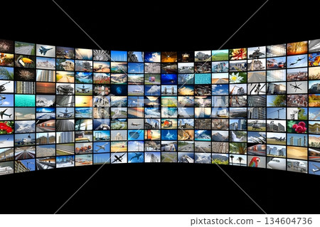 Wall of screens - streaming media, cable, Internet concept - 3D illustration Wall of screens - streaming media, cable, Internet concept - 3D illustration 134604736