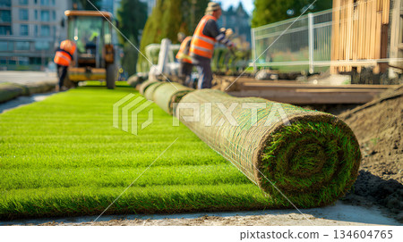 Sod roll installation on new lawn with workers in background. Fresh turf grass rollout during landscaping and ground preparation. Installing natural sod lawn at construction site in daylight. Sod roll installation on new lawn with workers in background. Fresh turf grass rollout during landscaping and ground preparation. Installing natural sod lawn at construction site in daylight. 134604765