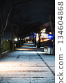 A promenade at night, illuminated by footlights and covered in snow 134604868