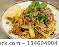 Close-up shots of vegetable pasta and ravioli 134604904