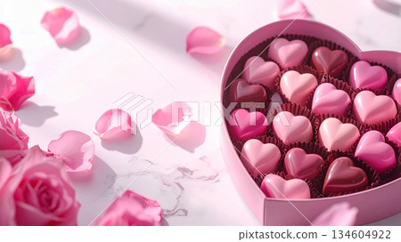 Pink heart chocolates in a heart-shaped gift box 134604922