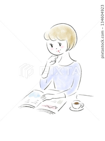 A hand-drawn illustration of a relaxed woman reading a magazine 134604923