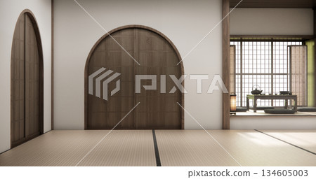 Nihon room design interior with door paper and tatami mat floor room japanese style. 3D rendering Nihon room design interior with door paper and tatami mat floor room japanese style. 3D rendering 134605003