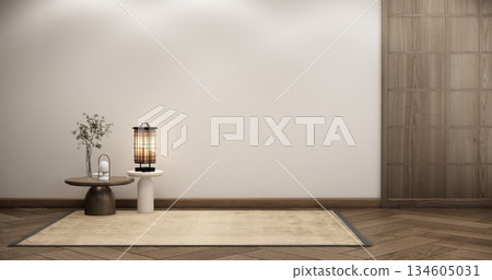 Empty Mock up living room, minimal style with wooden details background 3D illustration rendering 134605031