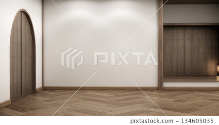 Empty Mock up living room, minimal style with wooden details background 3D illustration rendering 134605035