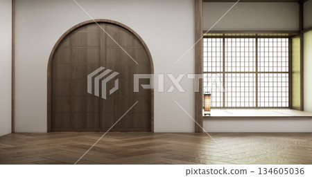Empty Mock up living room, minimal style with wooden details background 3D illustration rendering 134605036
