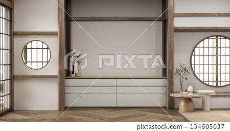 Empty Mock up living room, minimal style with wooden details background 3D illustration rendering Empty Mock up living room, minimal style with wooden details background 3D illustration rendering 134605037