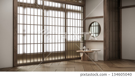 Empty Mock up living room, minimal style with wooden details background 3D illustration rendering 134605040