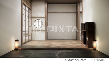 Empty Mock up living room, minimal style with wooden details background 3D illustration rendering 134605060