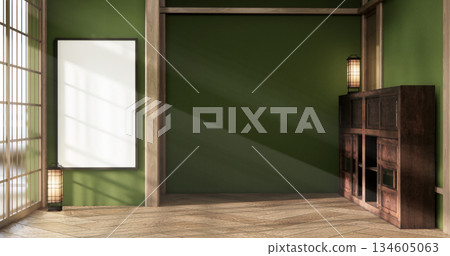 arm chair and decoration japanese on Modern Green room interior wabisabi style.3D rendering arm chair and decoration japanese on Modern Green room interior wabisabi style.3D rendering 134605063