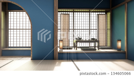 Blue Empty Mock up living room, minimal style with wooden details background 3D illustration rendering 134605066