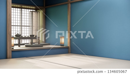 Blue Empty Mock up living room, minimal style with wooden details background 3D illustration rendering 134605067
