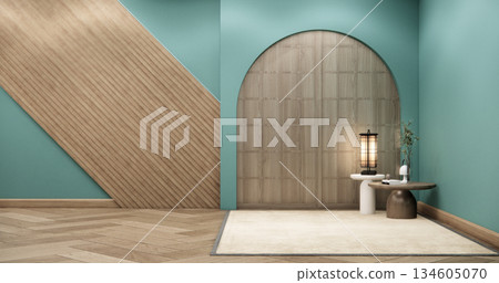 Mint Empty Mock up living room, minimal style with wooden details background 3D illustration rendering 134605070