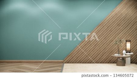 Mint Empty Mock up living room, minimal style with wooden details background 3D illustration rendering 134605072