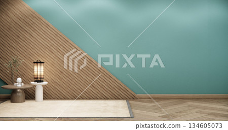 Mint Empty Mock up living room, minimal style with wooden details background 3D illustration rendering 134605073