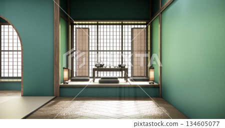 Mint Empty Mock up living room, minimal style with wooden details background 3D illustration rendering 134605077