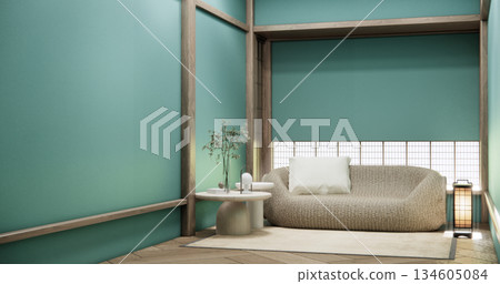 Mint Empty Mock up living room, minimal style with wooden details background 3D illustration rendering 134605084
