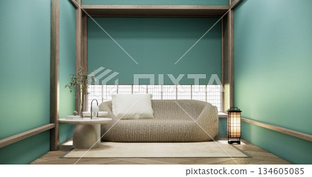Mint Empty Mock up living room, minimal style with wooden details background 3D illustration rendering 134605085