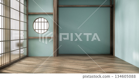 Mint Empty Mock up living room, minimal style with wooden details background 3D illustration rendering 134605088