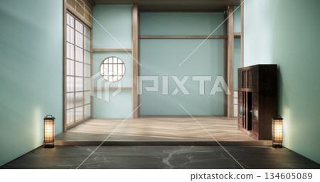 Mint Empty Mock up living room, minimal style with wooden details background 3D illustration rendering 134605089