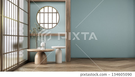 Mint Empty Mock up living room, minimal style with wooden details background 3D illustration rendering 134605090