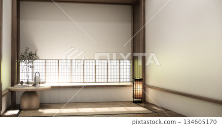 Architecture modern interior concept Empty room muji and wood panels wall design 3D illustration rendering 134605170