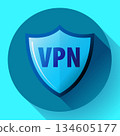 Internet security VPN concept icon with shield symbol, illustrating protected network access, encryption, and safe private browsing in a flat vector style 134605177