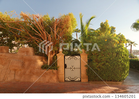 A gate to a private house surrounded by dense green trees and bushes 134605201
