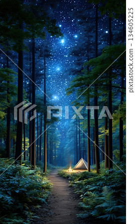 Enchanting Starry Night in a Forest with a Tent and Campfire 134605225