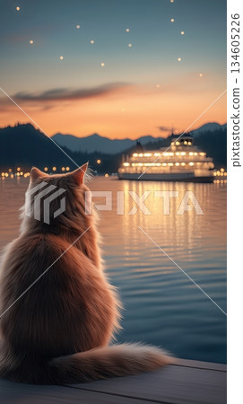Fluffy ginger cat watches illuminated ferry on calm water at twilight 134605226