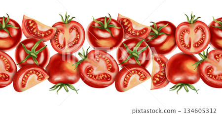 Seamless border. Hand-drawn watercolor illustration, border with red tomatoes. Vegetables. Perfect for packaging, kitchen textiles, cookbooks and recipes, and menus. Seamless border. Hand-drawn watercolor illustration, border with red tomatoes. Vegetables. Perfect for packaging, kitchen textiles, cookbooks and recipes, and menus. 134605312
