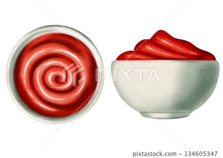 Watercolor illustration of ketchup and fresh tomatoes. Sauce. Tomato. Ketchup bottle or bowl. Perfect for packaging, kitchen textiles, cookbooks and recipes, and menus. Watercolor illustration of ketchup and fresh tomatoes. Sauce. Tomato. Ketchup bottle or bowl. Perfect for packaging, kitchen textiles, cookbooks and recipes, and menus. 134605347