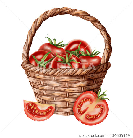 Hand-drawn watercolor illustration of a wicker basket with tomatoes. Vegetables. Ideal for packaging, kitchen textiles, cookbooks and recipes, and menus. 134605349