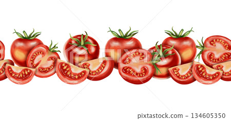 Seamless border. Hand-drawn watercolor illustration, border with red tomatoes. Vegetables. Perfect for packaging, kitchen textiles, cookbooks and recipes, and menus. Seamless border. Hand-drawn watercolor illustration, border with red tomatoes. Vegetables. Perfect for packaging, kitchen textiles, cookbooks and recipes, and menus. 134605350