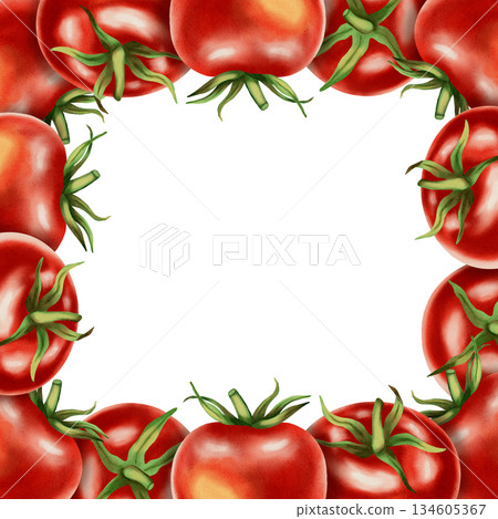 Frame. Hand-drawn watercolor illustration, frame with red tomatoes. Vegetables. Perfect for packaging, kitchen textiles, cookbooks and recipes, and menus. Frame. Hand-drawn watercolor illustration, frame with red tomatoes. Vegetables. Perfect for packaging, kitchen textiles, cookbooks and recipes, and menus. 134605367