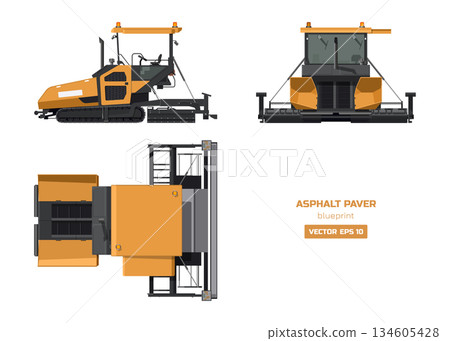 Asphalt paver drawing. Side, top and front views. 3D industrial road machine. Urban building vehicle. Isolated roadwork equipment Asphalt paver drawing. Side, top and front views. 3D industrial road machine. Urban building vehicle. Isolated roadwork equipment 134605428