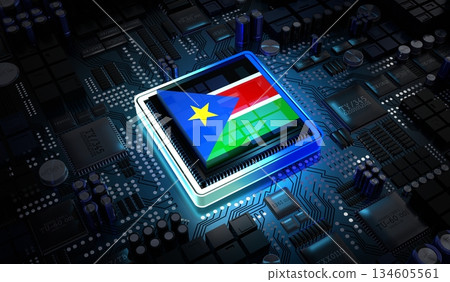 Computer processor with flag of South Sudan - 3D illustration 134605561