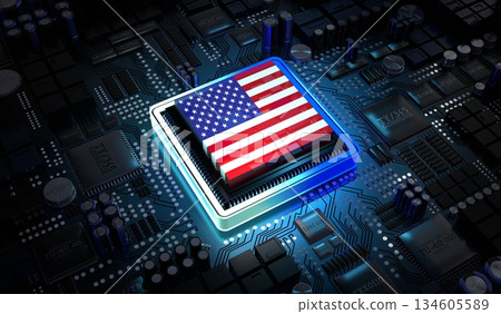 Computer processor with flag of USA - 3D illustration 134605589