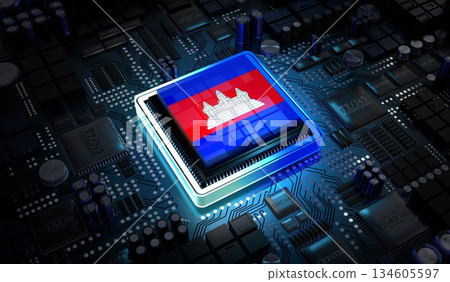 Computer processor with flag of Cambodia - 3D illustration 134605597